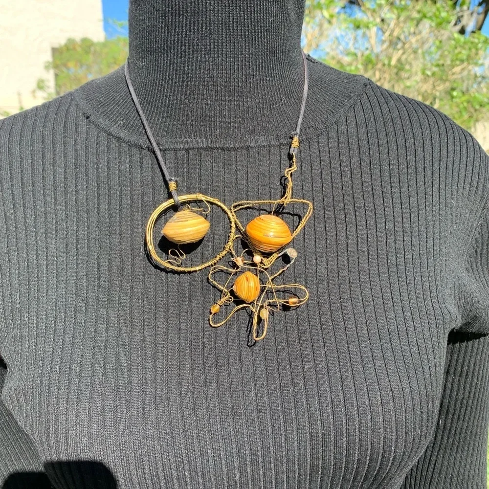 Artisan Handcrafted Necklace Brass Wire Yellow Bead Boho Artsy Statement
